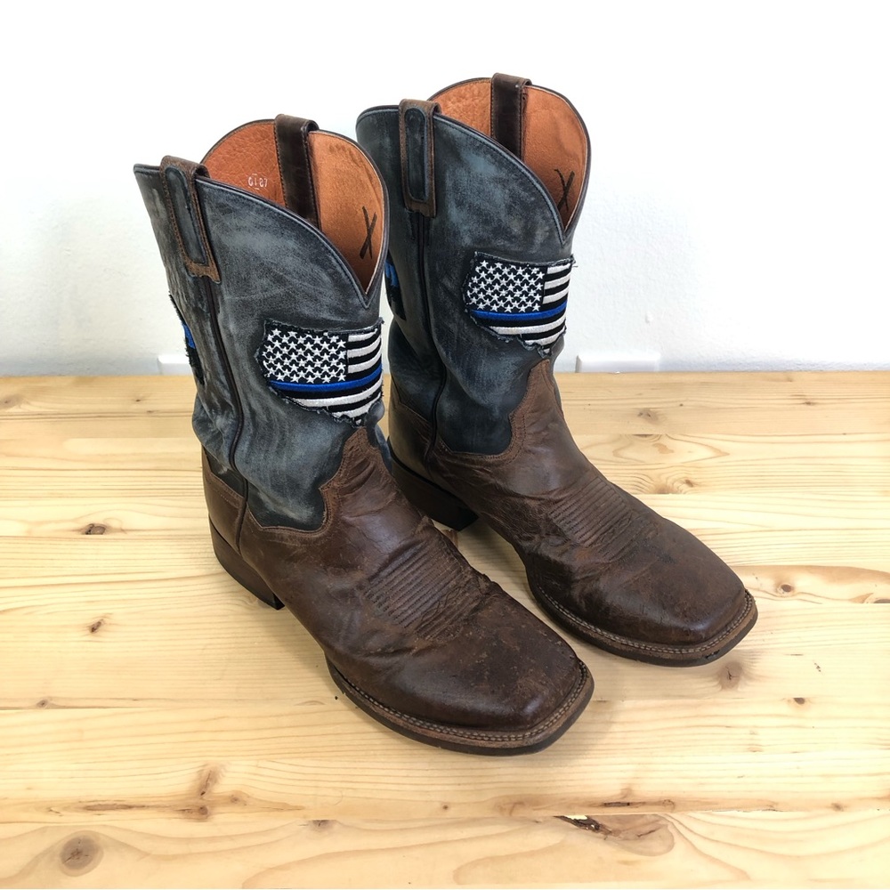 Dan Post Thin Blue Line Flag Patch USA Cowboy Boots Square Toe Men's Size 11 EW